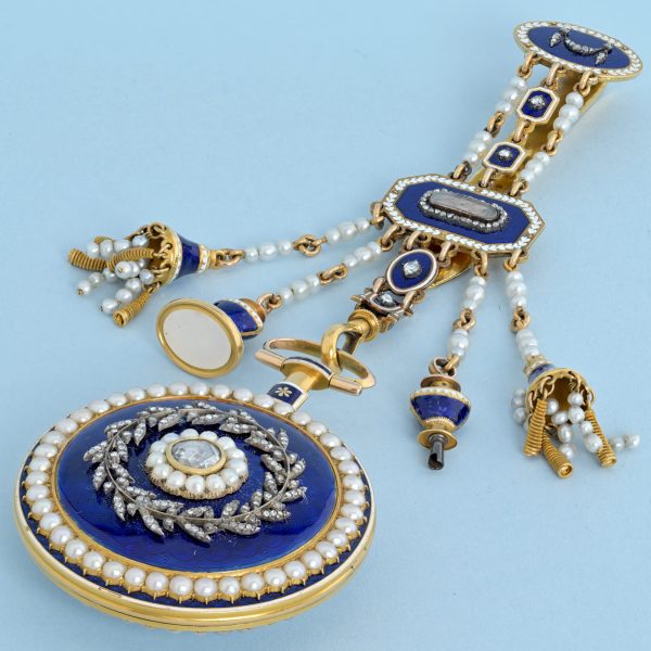Pearl Set Gold and Enamel Cylinder with Chatelaine View 2