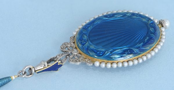 Gold and Enamel Oval Pendant Watch and Chain View 2