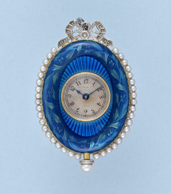 Gold and Enamel Oval Pendant Watch and Chain View 3