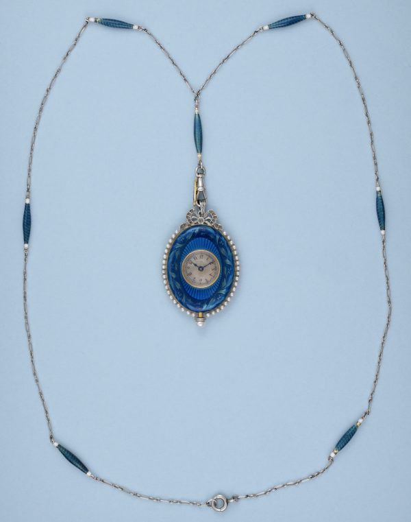 Gold and Enamel Oval Pendant Watch and Chain View 6
